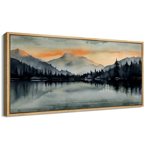 Extra Large Framed Canvas Print Wall Art Sunset Mountain Range and Lake Panoramic Antique Retro Fine Art Illustrations Decorative Colorful for Bedroom