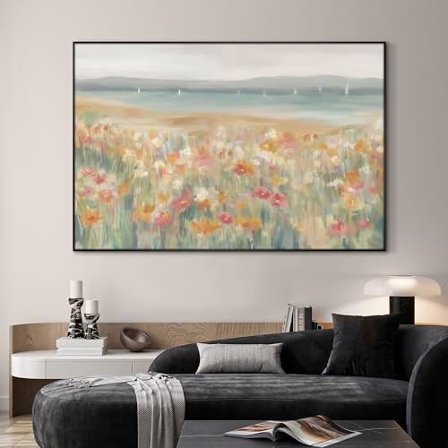 46"x72" Extra Large Framed Wall Art Coastal Flower Field with Sailing Boats Serene Landscape Illustration for Home Living Room Bedroom Decor