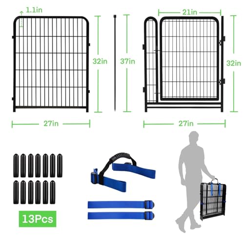32 in(H) Dog Fence Outdoor For Yard, 21 in Wide Low Threshold Gate, 12 Panels Total 26.6 Ft(L) Fencing For Garden Beds, Animal Barrier Fence, Dog Pen Indoor or Outdoor,Landscape Fence Border (72 Sq Ft)