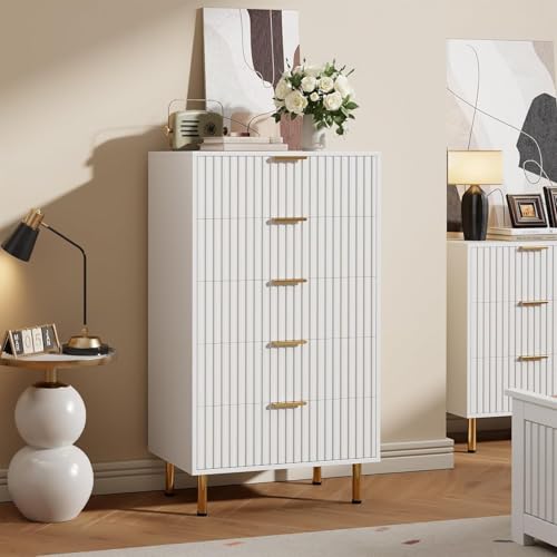 48" Fluted White 5 Drawer Dresser for Bedroom with Deep Drawers
