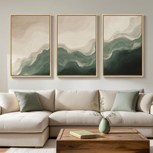 Large Framed Green Beige Abstract Wall Art for Living Room (3 Count)