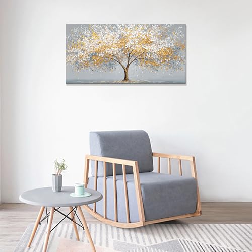Canvas Wall Art Decor Gold Silver Tree of Life Canvas Art Wall Decor For Living Room Modern Botanical Nature Canvas Prints Elegant Metallic Leaf Tree Wall Art Decor For Bedroom Home Office Decor 20"×40"