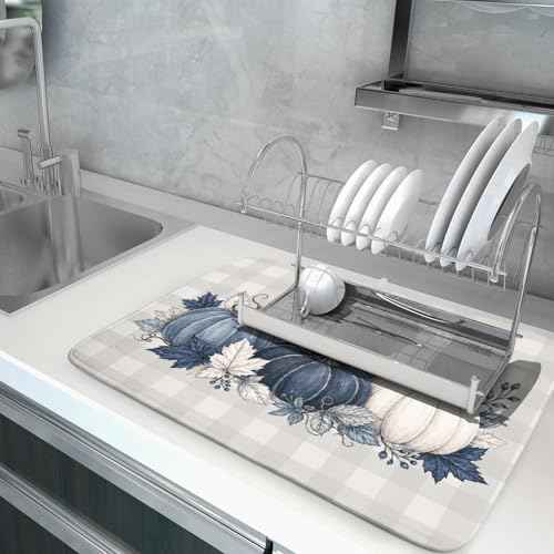 Fall Dish Drying Mat for Kitchen Counter Blue White Pumpkins Grey Plaid Super Absorbent Reversible Microfiber Kitchen Countertop Protector Dishes Pad Large 18x24 inch