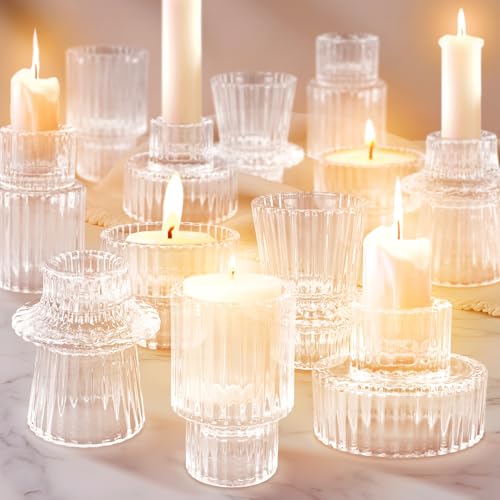 12 Pcs Glass Candlestick Holders Taper Candle Holders for Table Centerpieces (12 Count)