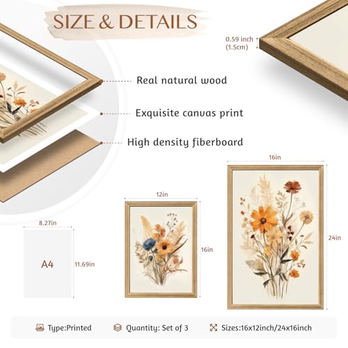 Wood Framed Vintage Orange Wildflower Wall Art Set of 3 (3 Count)