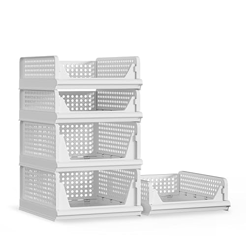 5 Pack Stackable Plastic Storage Basket Closet Organizer Bin Foldable Clothes Organizer Storage Drawer Shelf Container for Living room Bathroom Kitchen Office (5 Count)