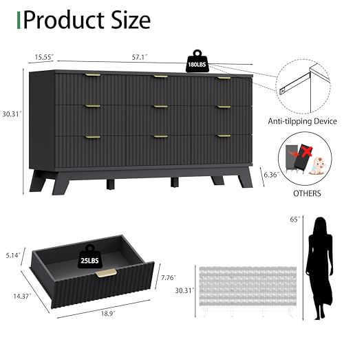 Fluted Dresser for Bedroom with 9 Drawers