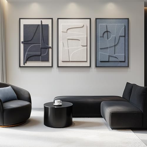 Large Framed Blue Abstract Wall Art for Living Room (3 Count)