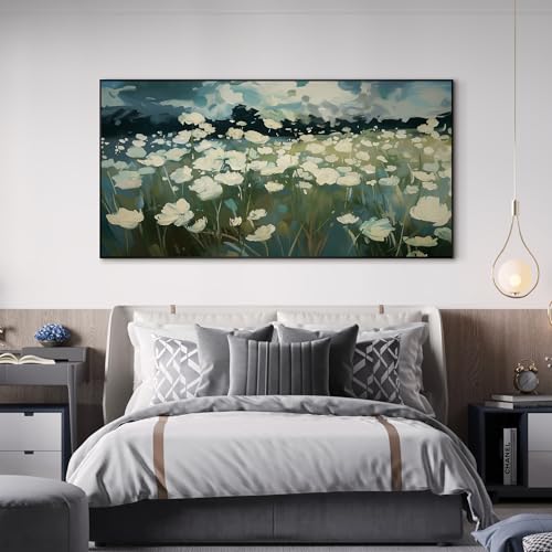 24"x46" Extra Large Framed Wall Art White Wildflower Field in Impressionist Style