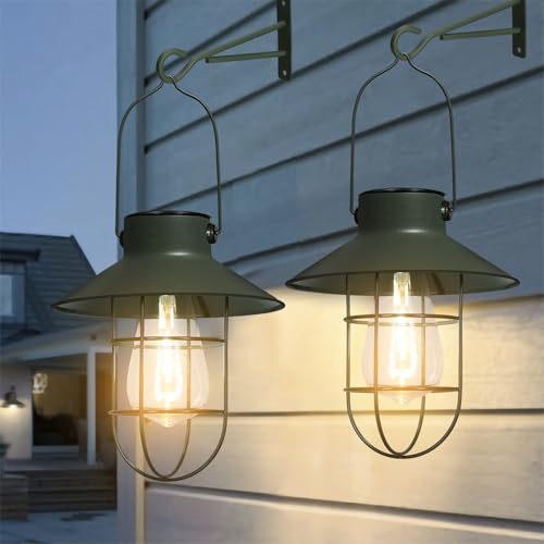 Solar Lanterns Outdoor Metal Solar Powered Hanging Lights Waterproof for Wall Barn Yard Garden Patio Garage Balcony Porch Fence Decor (2 Count)