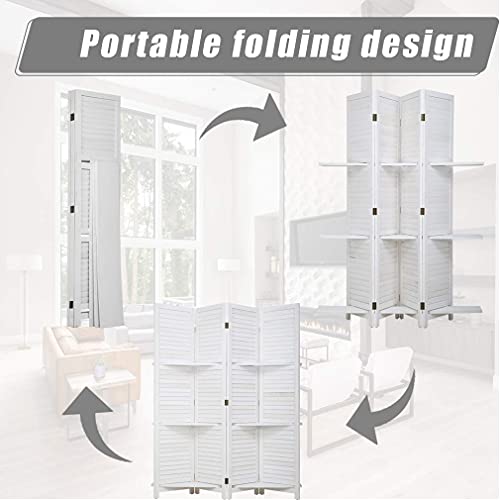 4 Panel Room Divider Folding Privacy Wooden Screen with Three Clever Shelf Portable Partition Wood Divider for Home Office