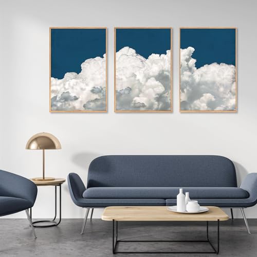 Large White Clouds Framed Canvas Wall Art Set Abstract Navy Blue Sky Natural Wall Decor Minimalist Modern Painting Artwork for Livingroom
