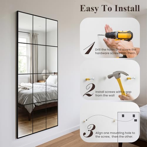 Windowpane Mirror Full Length 71""x30"" Wall Mounted Art Pane Mirror Farmhouse Decorative Floor Mirror Leaning Hanging Wall Mirror for Bedroom Living Room Entrance