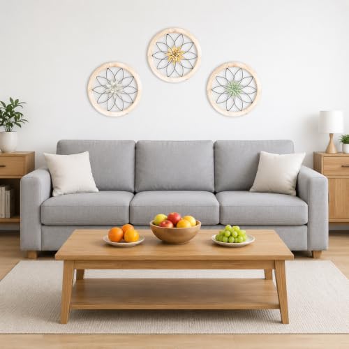 3 Piece Round Farmhouse Wall Decor with 6 Piece Interchangeable Flowers 12'' Medallion Wood & Metal Rustic Wall Art for Living Room Bedroom Kitchen Bathroom Dining Room Home Decorations
