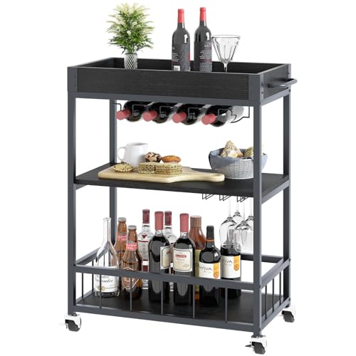Bar Cart Serving Wine 3 Tier Home Rolling Rack with Wheels Mobile Kitchen Industrial Vintage Style Wood Metal Serving Trolley Serving Cart