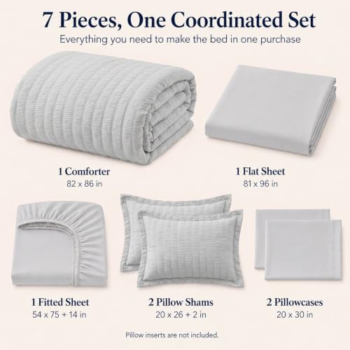 Full Size Comforter Set 7 Pieces Light Grey Seersucker Bed in a Bag