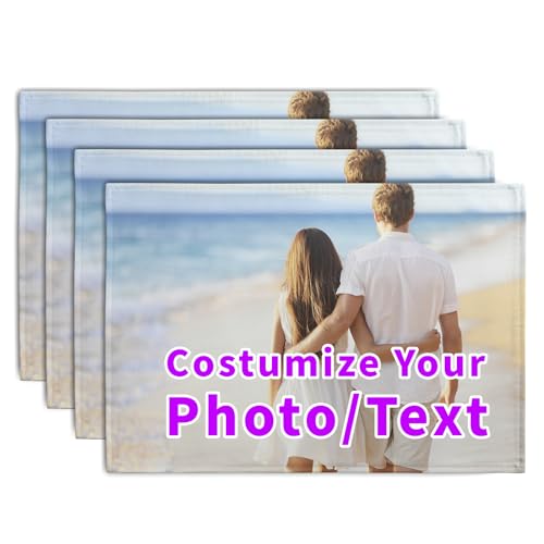 Custom Placemats with Picture Text Set of 4 Personalized Photo Place Mats for Dining Tables 12x18 Inch Customized Image Heat Resistant Non Slip Washable Linen Table Mat (4 Count)