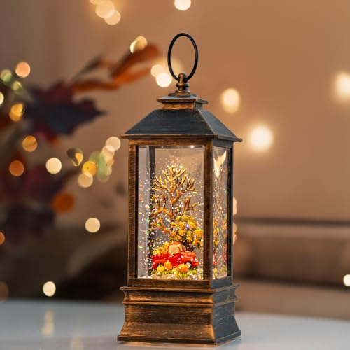 Fall Snow Globe Lantern Thanksgiving Glittering Lighted Lantern