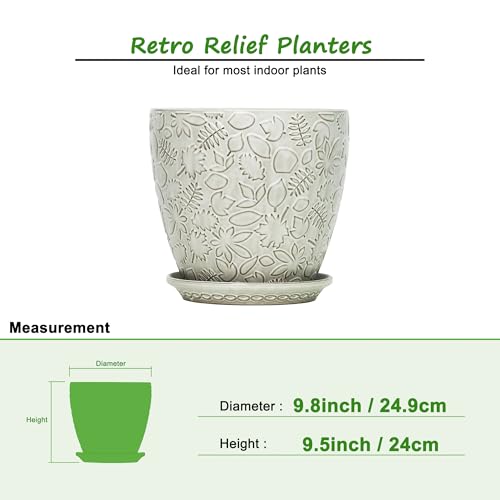 10inch Retro Ceramic Planter with Drainage Hole and Saucer for Multiple Plants