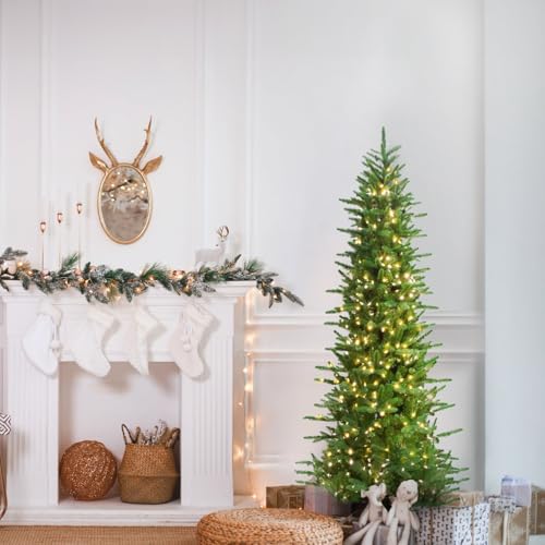 6.5 Ft. Carmel Pine Slim Artificial Christmas Tree with Warm White LED Lights and Stand