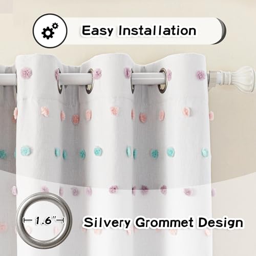 Total Blackout Curtains for Kids Bedroom Nursery Curtains 100% Light Block Doubled Curtains with Rainbow Pom Pom Sheer Window Drapes Room Darkening Grommet Set of 2 (2 Count)