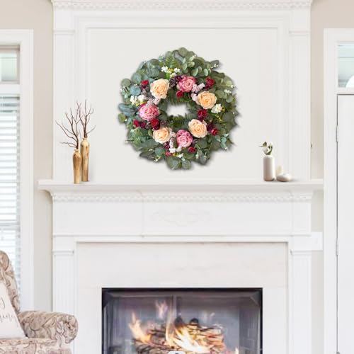 24 Inch Pink Champagne Rose Spring Wreath for Front Door