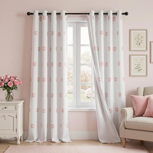 Blackout Curtains for Living Room 95 Inch Long Total Light Blocking Pink Floral Curtain for Sliding Door 2 Panels Grommet Girls Bedroom Drapes with Daisy Flower Sheer 50 x 95 in (2 Count)