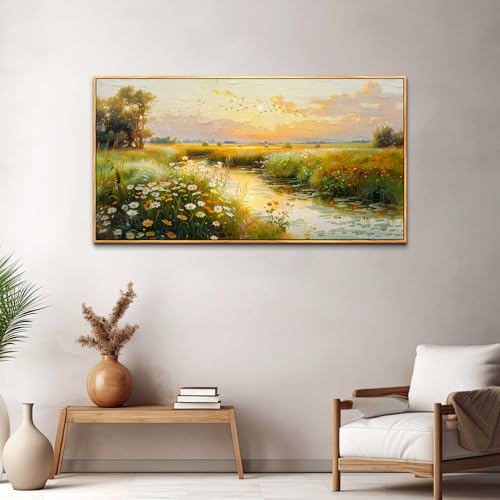 Wood Framed Canvas Wall Art For Living Room Large Wall Decor For Office Bedroom Decorations Pastoral Scenery Picture Water edge Painting Artwork Ready To Hang Home Decor 30x60 In