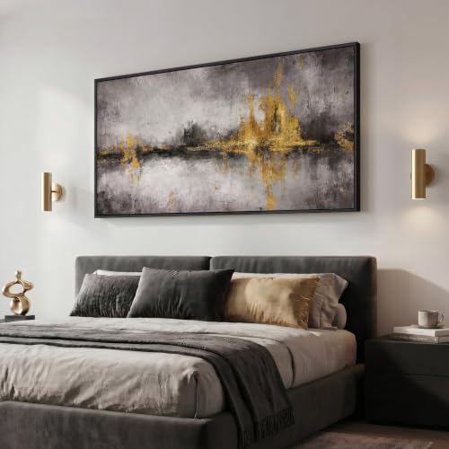 Large Framed Black Grey and Gold Abstract Wall Art for Living Room