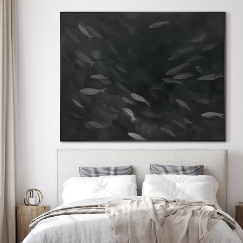 46"x60" Extra Large Framed Wall Art Monochrome Fish Silhouettes Illustration for Home Living Room Bedroom Decor