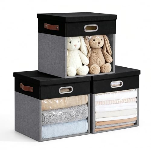 13x13 Inch Ultra Thick Fabric Storage Bins with Lids & Windows (3 Count)
