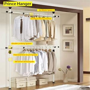 PRINCE HANGER Rack Heavy Duty One Touch System Load 352LBS Clothing Racks for Hanging Clothes Metal Closet Garment Closet system Tension Rod Free Standing Ivory Width Adjustable PHUS-0023 - NestledHome