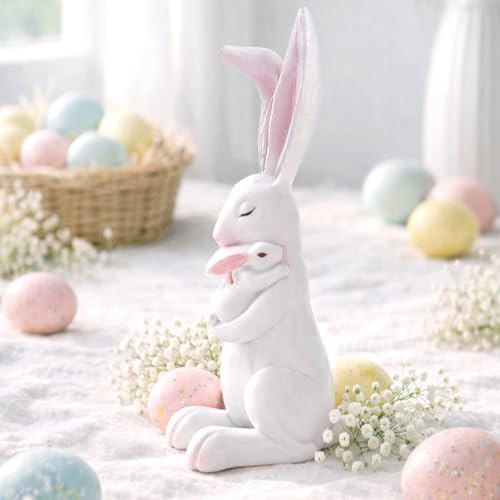 Easter Bunny Figurine Cartoon Cute Mother and Child Rabbit Desk Display Ornament Cute Rabbit Mom Holding a Little Rabbits Resin Easter Statue for Home and Office Tabletop Decor Supplies