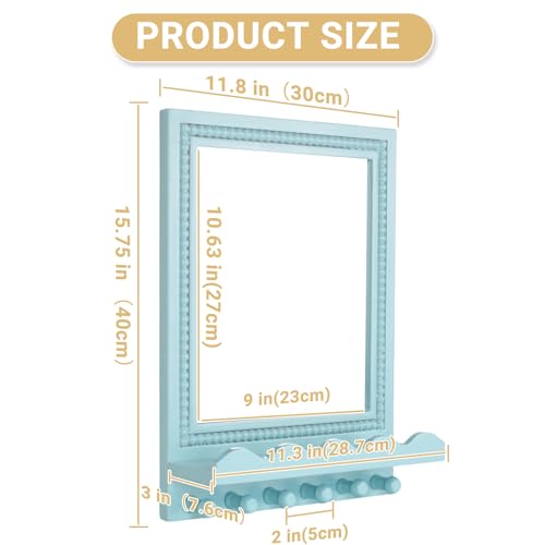 16x12 Inch Wall Mount Beaded Wood Framed Mirror with Shelf and 6 Hooks