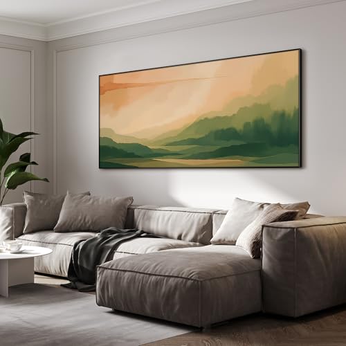 24"x46" Extra Large Framed Wall Art Serene Green Mountains Horizon Landscape Illustration for Home Living Room Bedroom Decor
