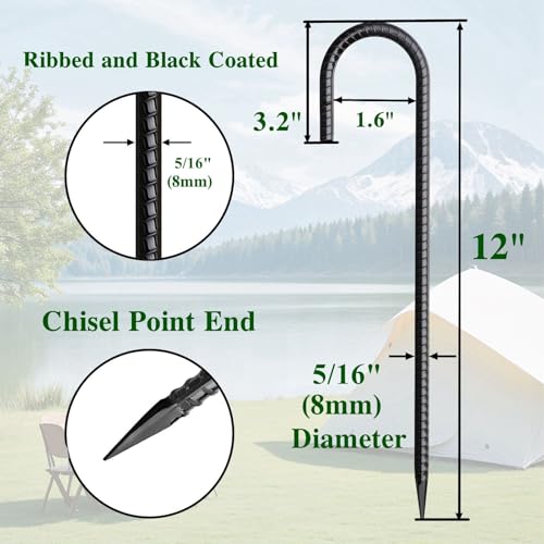 Rebar Stakes 12 Inch 20 Pack J Hook Ground Stakes Heavy Duty Chain Link Fence Stakes Galvanized Anchors Metal Tent Stakes for Wire Fencing Concrete Forming Trampolines Camping Canopies Shed Swing (20 Count)