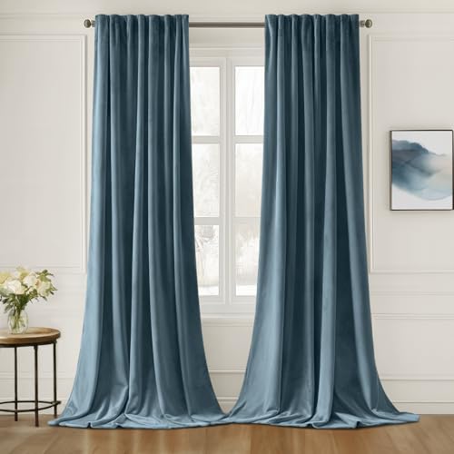 Stone Blue Velvet Pinch Pleat Blackout Curtains W52 X L90 Inches