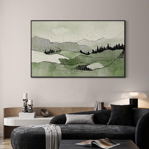 36"x60" Extra Large Framed Wall Art Green Line Art Mountain Landscape Illustration for Home Living Room Bedroom Decor
