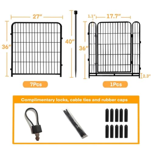 36 in(H) Garden Fence With Gate, Wide Gate Low Threshold, 8 Panels Total 17.7 ft(L) Heavy Duty Iron Animal Barrier Fence For Yard, Suitable For Indoor Or Outdoor Dog Fencing,Garden Border Fence (36 Sq Ft)