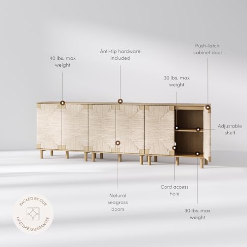 Beacon Accent Natural Sideboard Storage Cabinet TV Stand in Light Wood with Adjustable Interior Shelf and Seagrass Doors