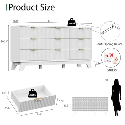 Fluted Dresser for Bedroom with 9 Drawers