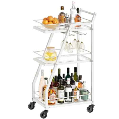 Bar Cart, 3-Tier Home Bar Serving Cart with Wheels, Drink Cart with Glass Holder, Beverage Cart, Rolling Kitchen Cart, for Home, Living Room, Transparent and White BC03WT
