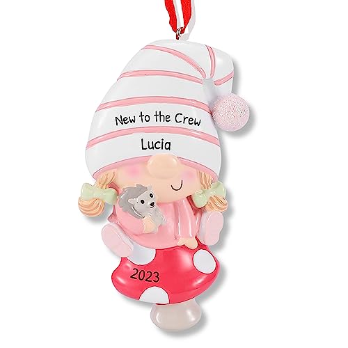 Personalized Baby Gnome Pink Christmas Ornaments 2026 Adorable Girl Gnome on Red Mushroom Great Addition to Christmas Decor Personalized Gifts in a Giftable Packaging