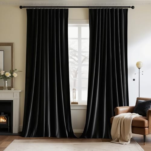 Black Velvet Pinch Pleat Blackout Curtains W52 X L96 Inches (2 Count)
