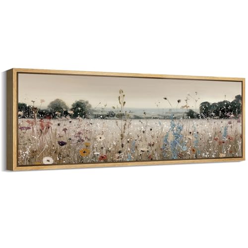 Large Framed Canvas Print Wall Art Wildflower Meadow Landscape Blooming Field Illustrations Antique Retro Fine Art Illustrations Decorative Colorful for Bedroom