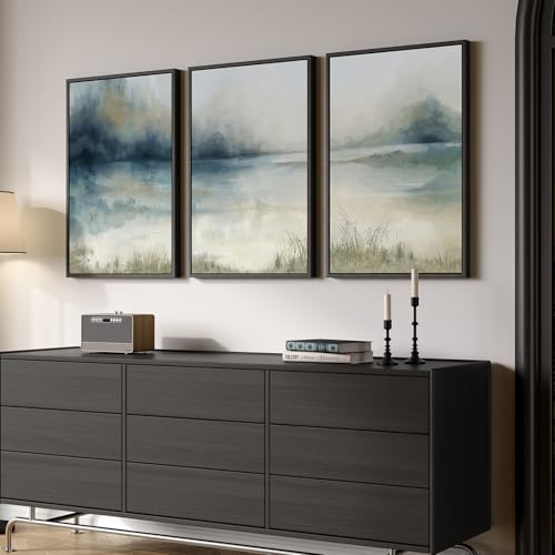 Large Framed Blue Nature Landscape Wall Art for Living Room (3 Count)