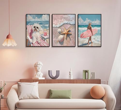 3Pcs Pink Beach Preppy Wall art Retro Beach seashell and starfish poster printing Pink surfboard dog painting wall Decor for Girls Room dormitory apartments Home Decoration Unframed (3 Count)