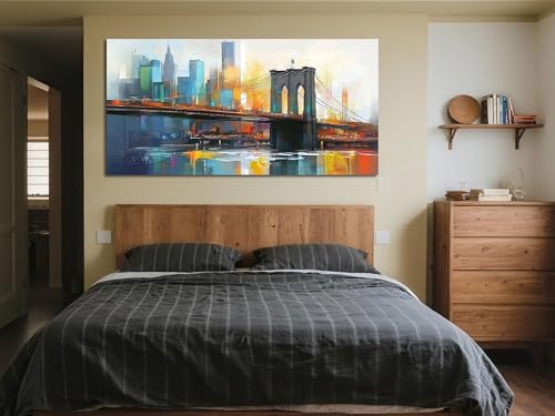 Cityscape Wall Art New York City Canvas for Living Room Painting Brooklyn Bridge Manhattan Bedroom Wall Art for Men Modern Picture Artwork Large Framed Home Office Wall Decor 48"x24"