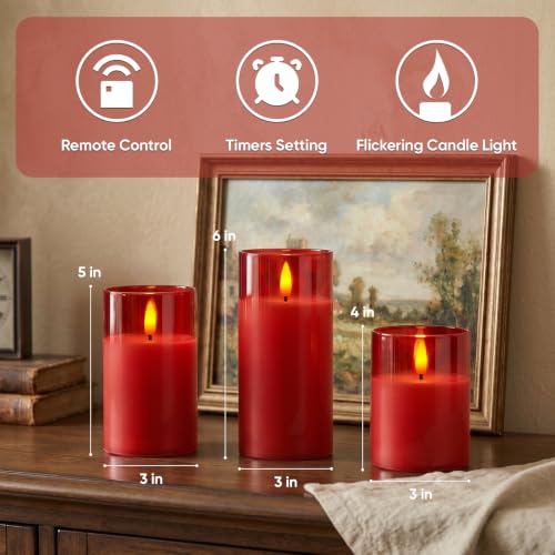 Red Glass Flameless LED Candles Battery Operated with Remote Timer (3 Count)