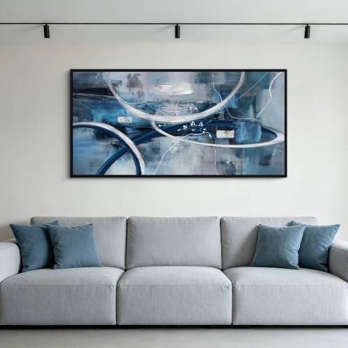 Blue Abstract Wall Art Modern Neutral Fluid Painting with Thin Black Frame